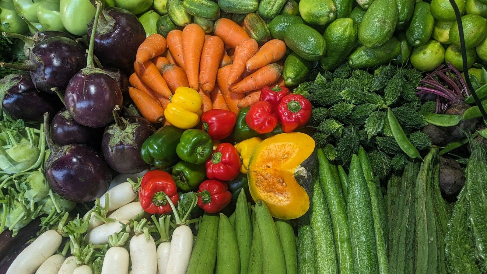 A colorful pile of eggplant, carrots, bell peppers, squash, white radishes and greens